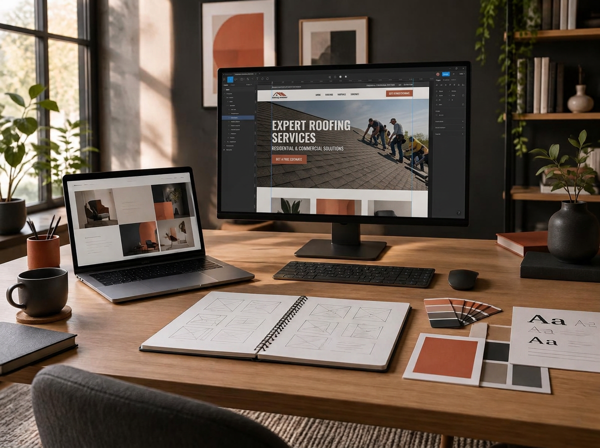 A refined web design studio workspace with website layouts on screen