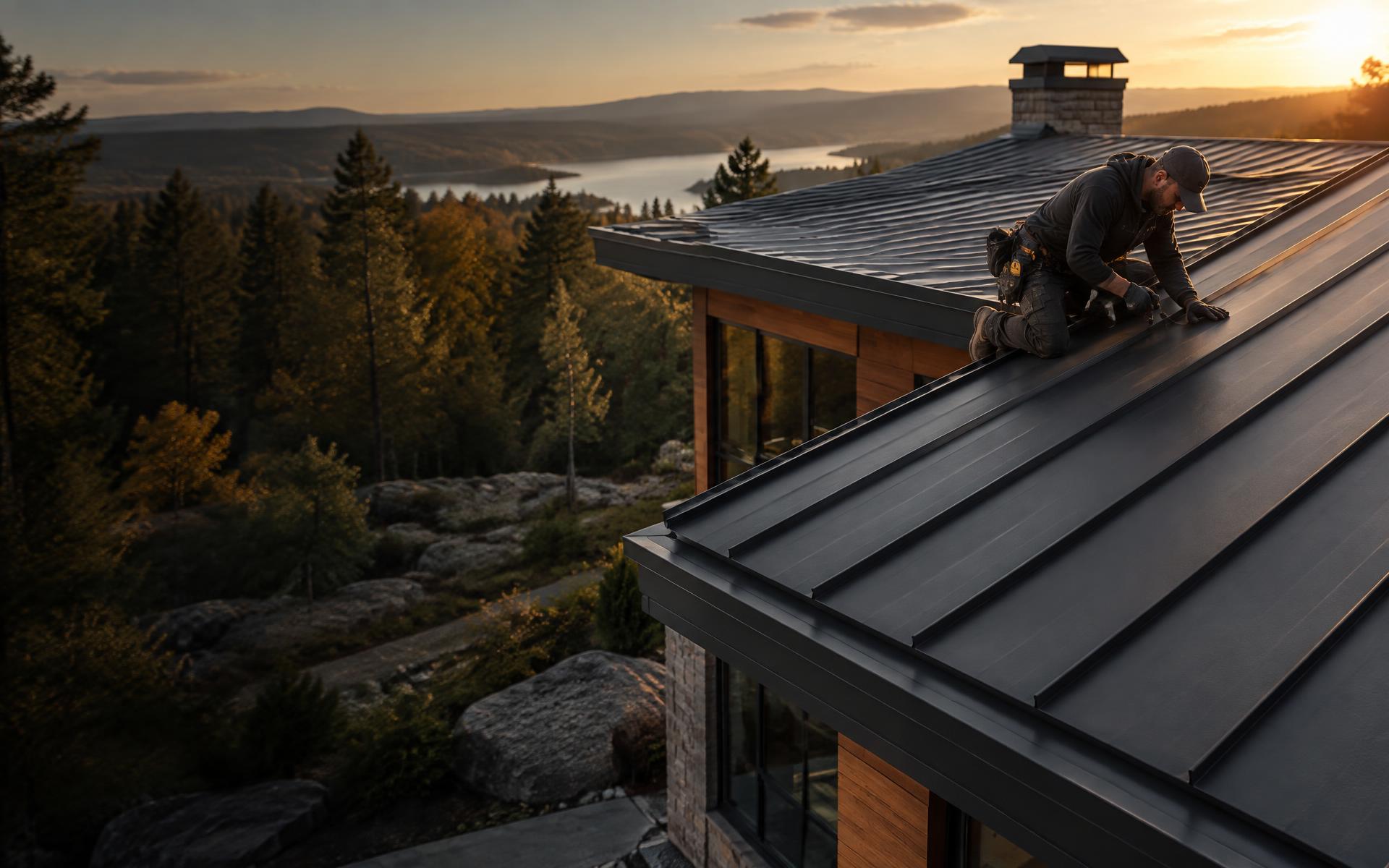 A roofing professional installing a standing-seam metal roof